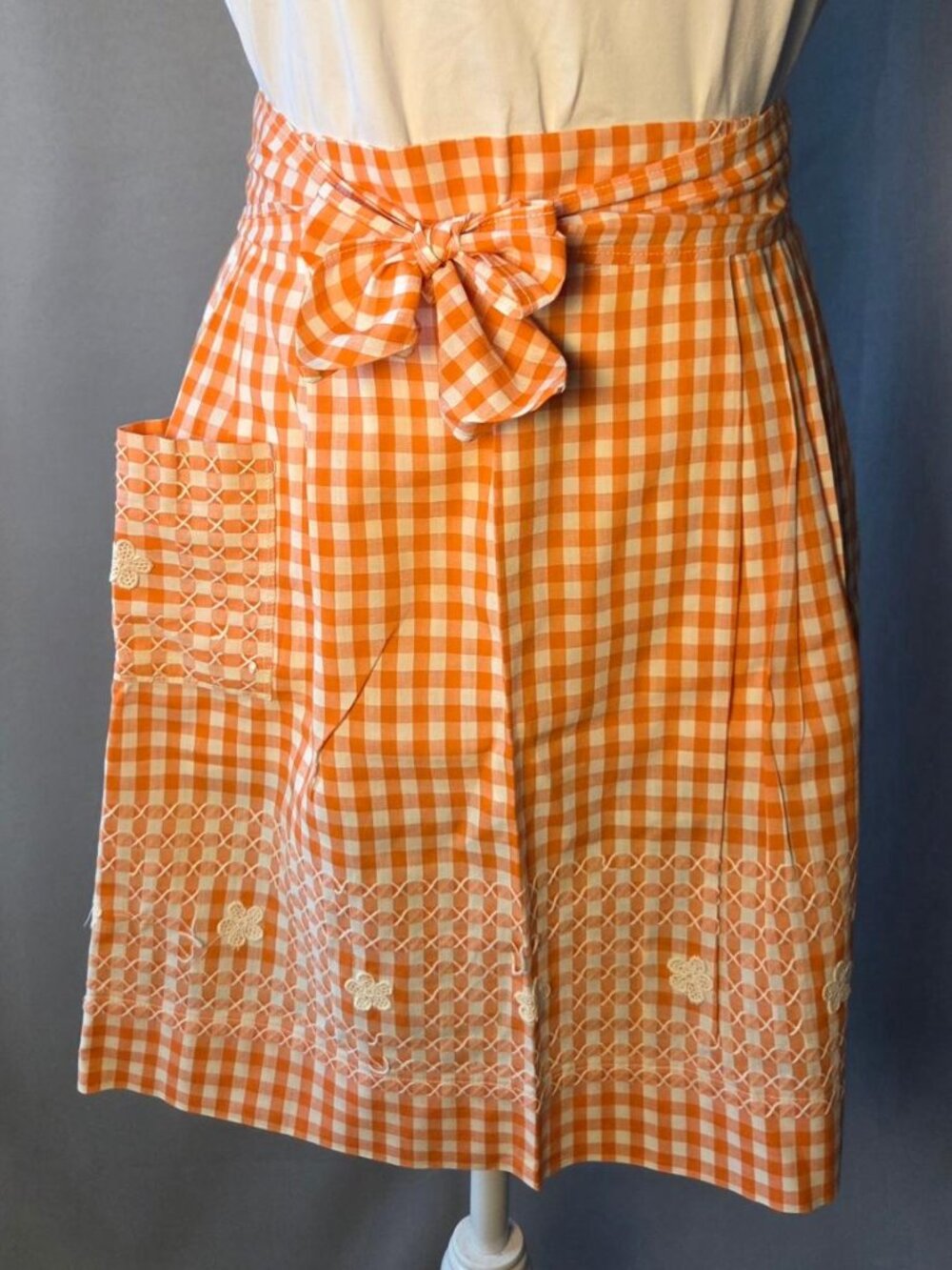 Handmade Embroidered Orange Gingham Half Apron Cottagecore Farmhouse Country
